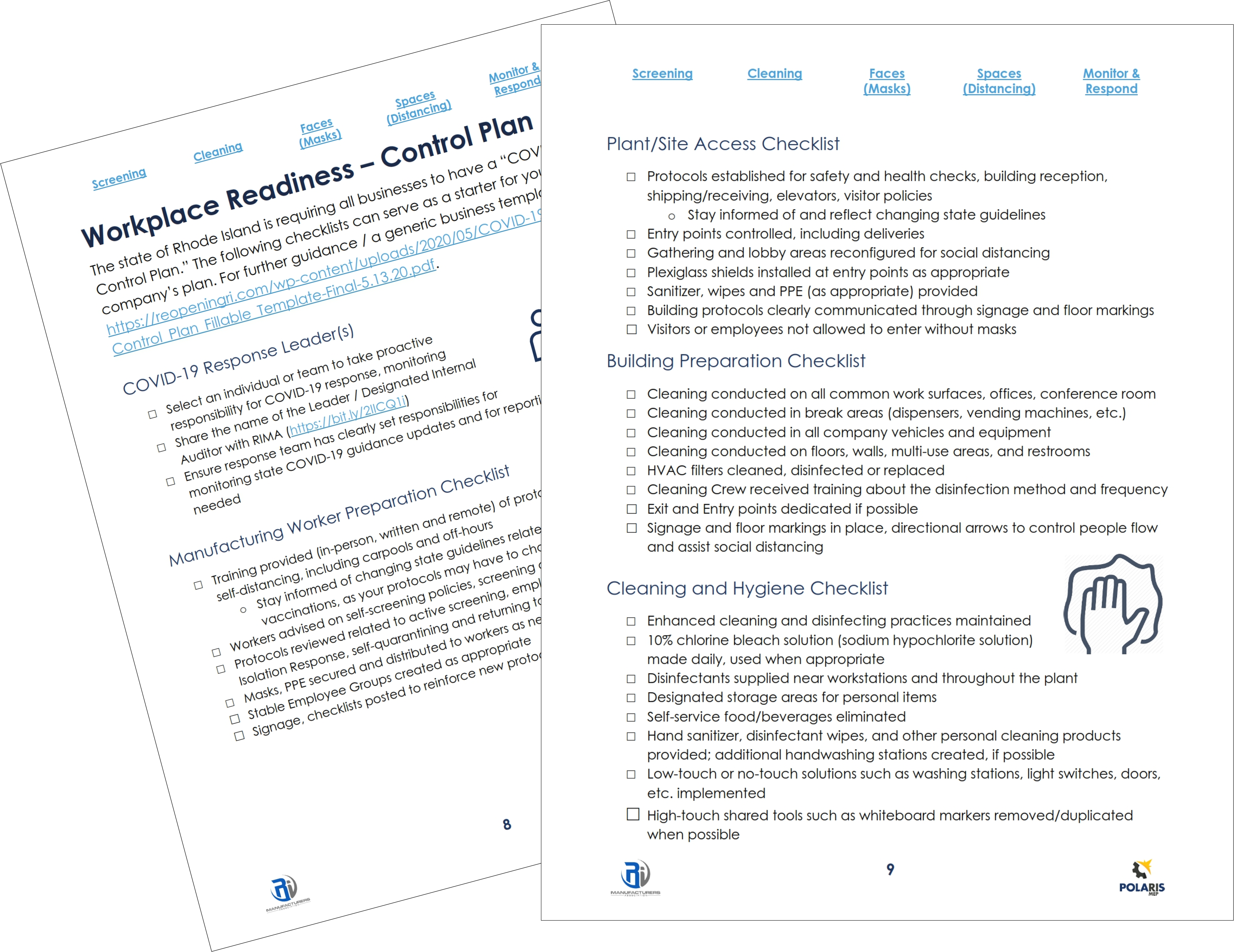 Excerpt pages RI Manufacturing coronavirus Workplace Readiness Playbook