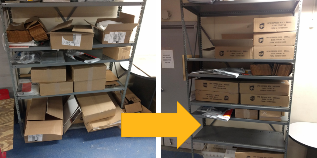 Before and after of shipping materials storage at RI manufacturing facility