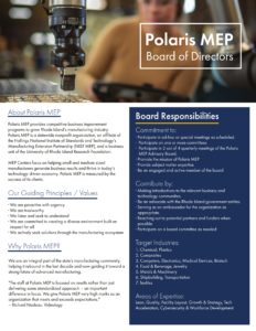 Informational sheet describing Polaris MEP Advisory Board of Directors, charged with moving RI manufacturing forward.