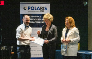 Alex Shaw receives his certificate of completion for Fast Track to CNC Manufacturing Phase 1 from Polaris MEP's Lindsey Brickle and Kathie Mahoney