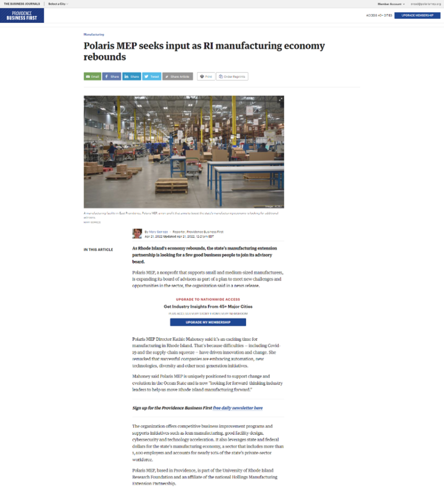 News article - Providence Business First - Polaris MEP expands advisory board as RI manufacturing economy rebounds