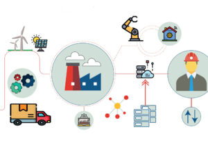 Different icons depicting elements of manufacturing connected by colorful lines