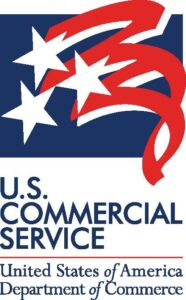 US Commercial Service logo featuring 3 white stars with red swirl over a dark blue background.