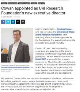 Snapshot from PBN article on Christian Cowan's appointment as URI Research Foundation executive director