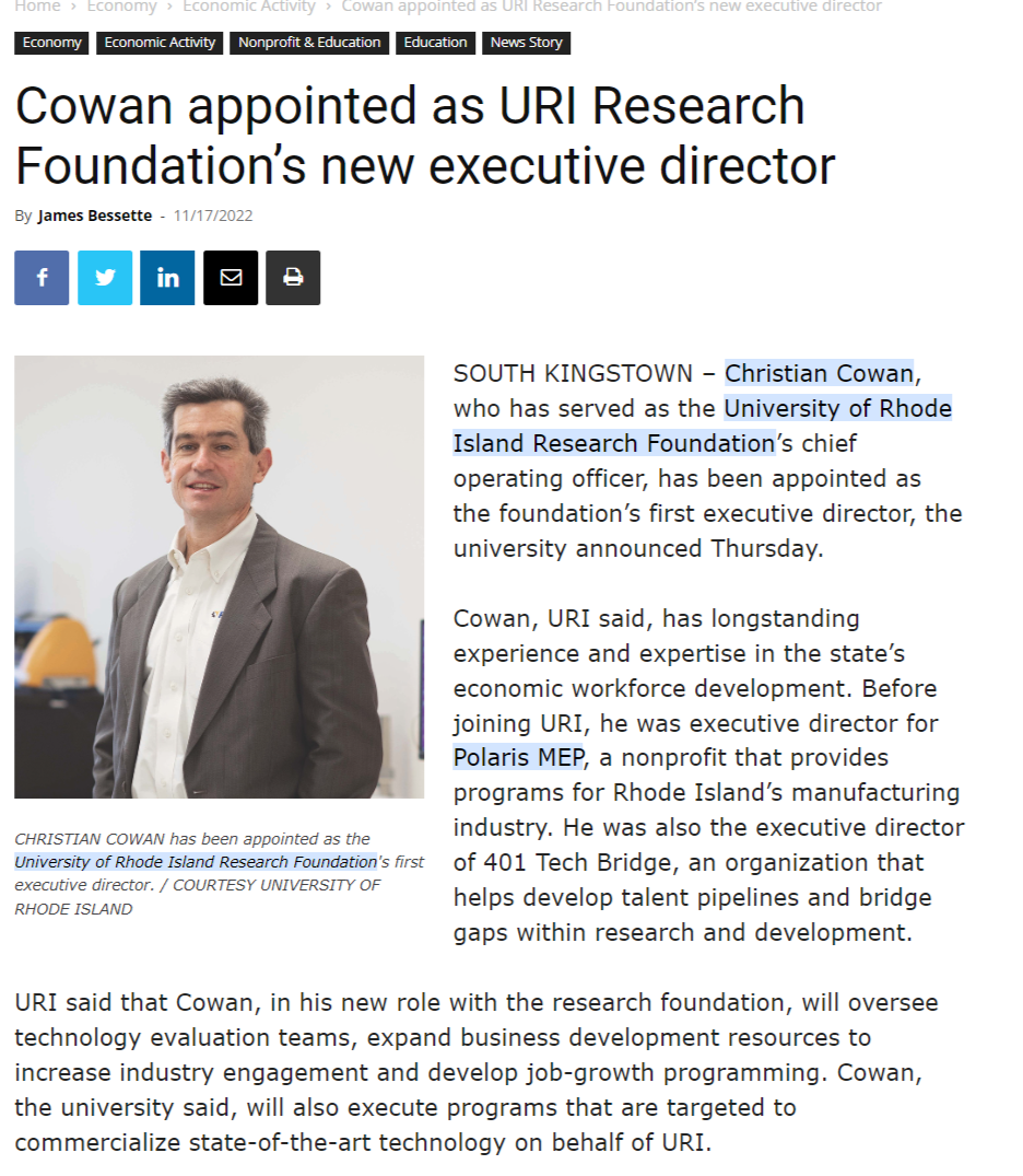 Providence Business News: Cowan Appointed URI Research Foundation ...