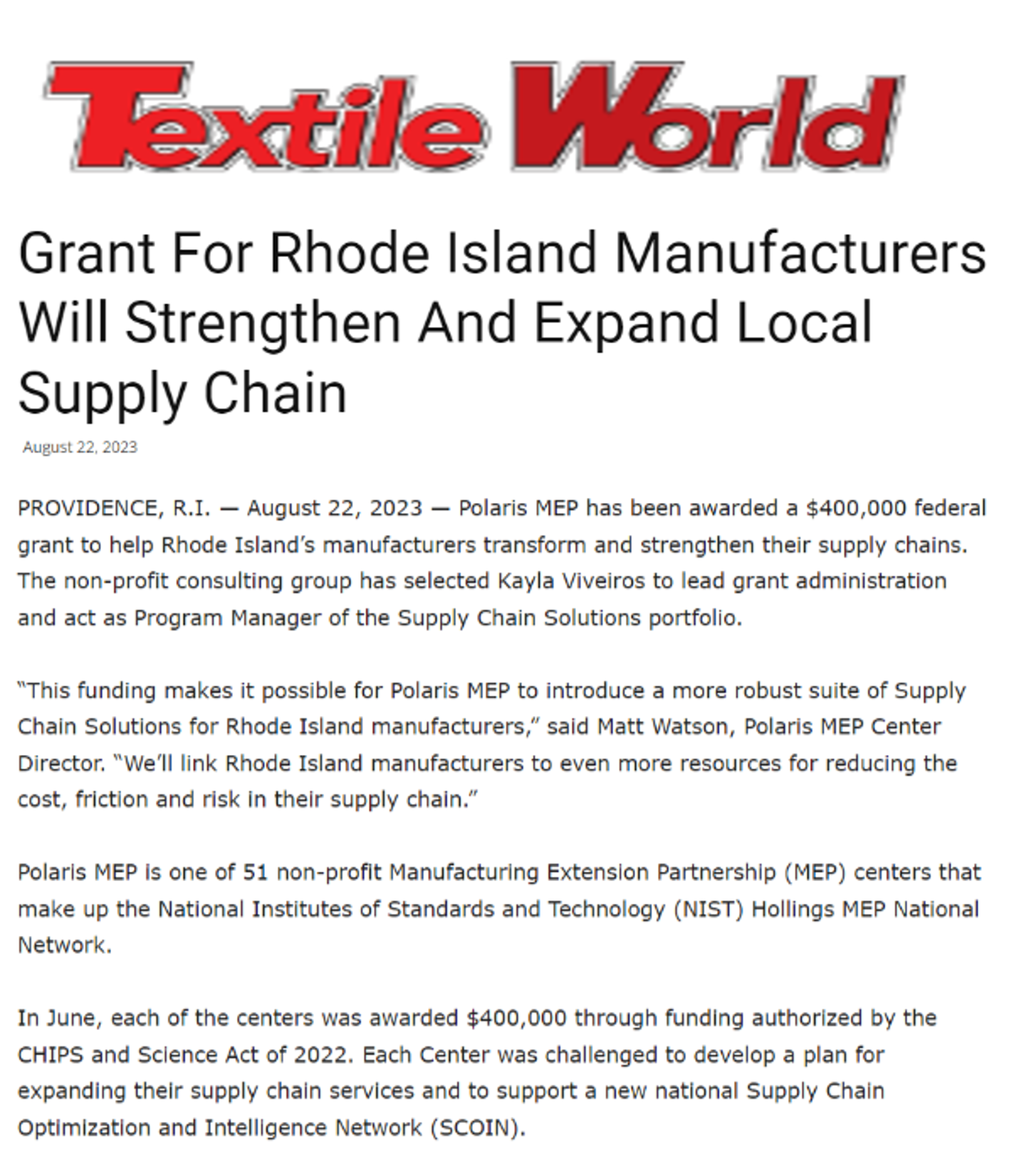 Textile World Grant for RI Manufacturers Supply Chain Polaris MEP