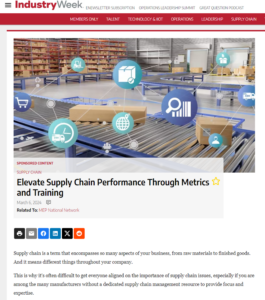 Screenshot of IndustryWeek article on supply chain performance improvement by Kayla Viveiros. Large image at top depicting factory with supply chain icons.